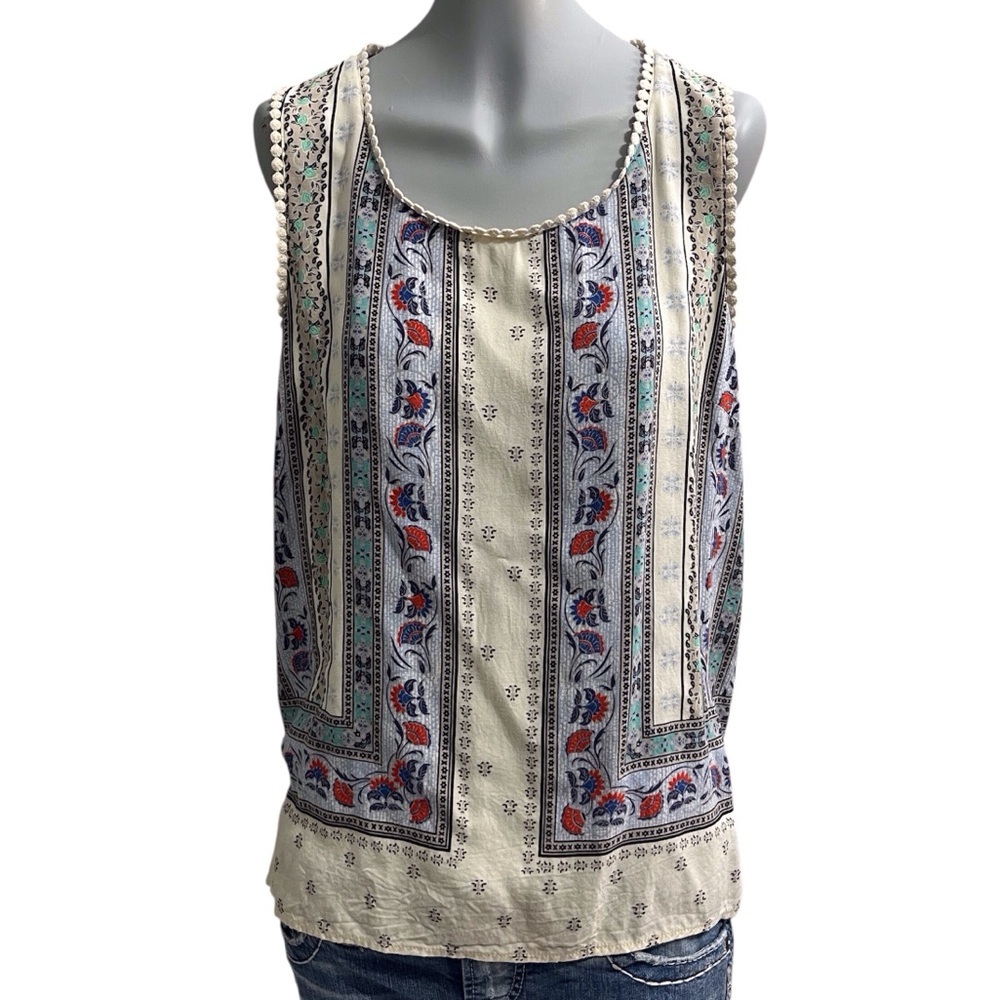 Skies Are Blue Bohemian Sleeveless Top Size large floral boho Pom‎ Pom trim
